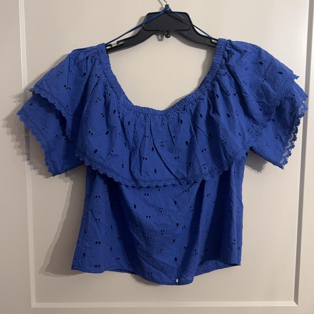 Calypso St Barth Blouse Sz L Blue Off Shoulder Eyelet Ruffle Boho Top Beach Vaca